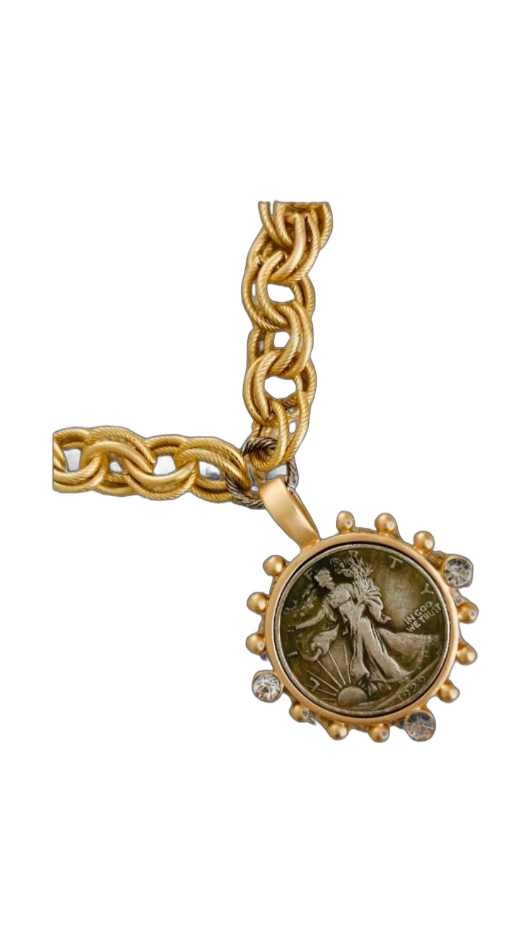Gold and Crystal  Liberty Coin Pendant with Double Link Gold Chain