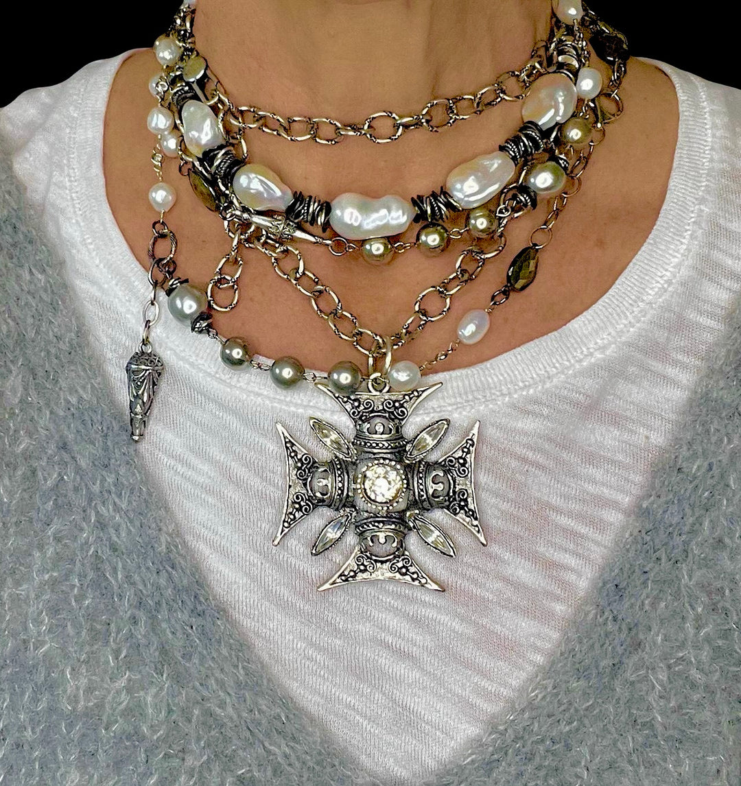 Charlemagne Crystal Cross Necklace in Gold or Silver