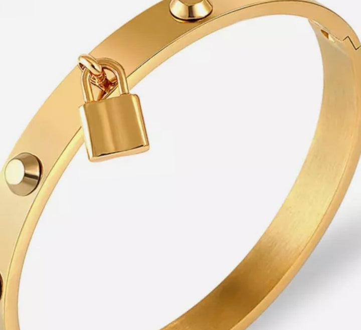 Studded Padlock Bangle Bracelet in Gold or Silver