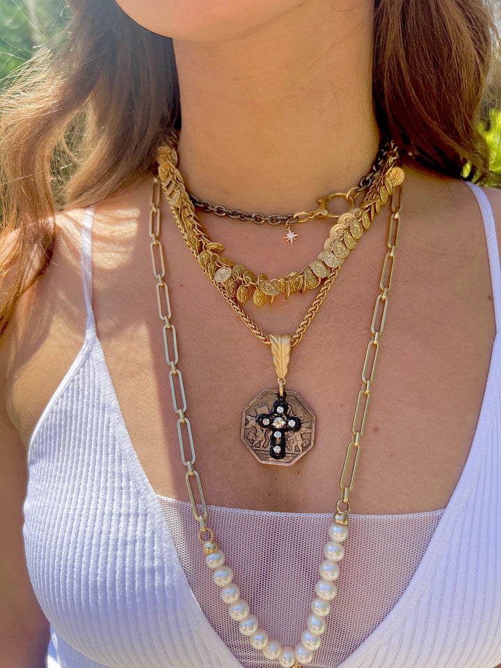 St. Gobain French Coin and Crystal Cross Necklace