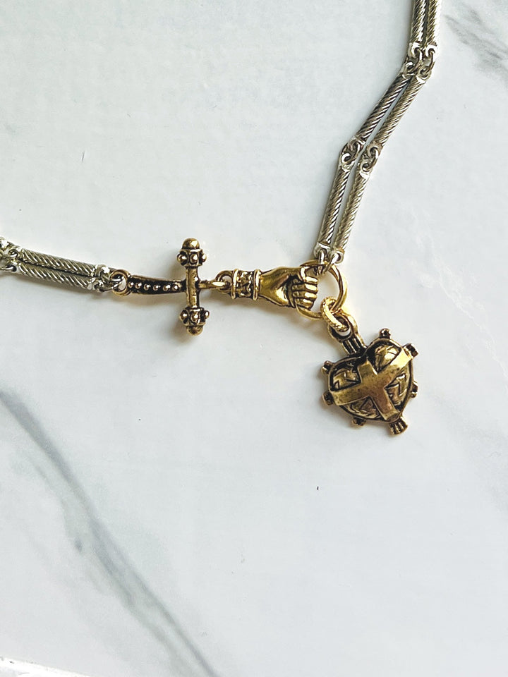Ex Calibur Silver and Gold Heart Necklace Choker
