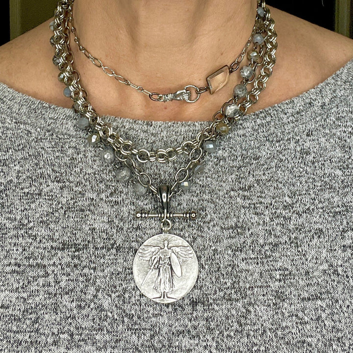 Victory Angel Three Strand Silver Coin Pendant Necklace