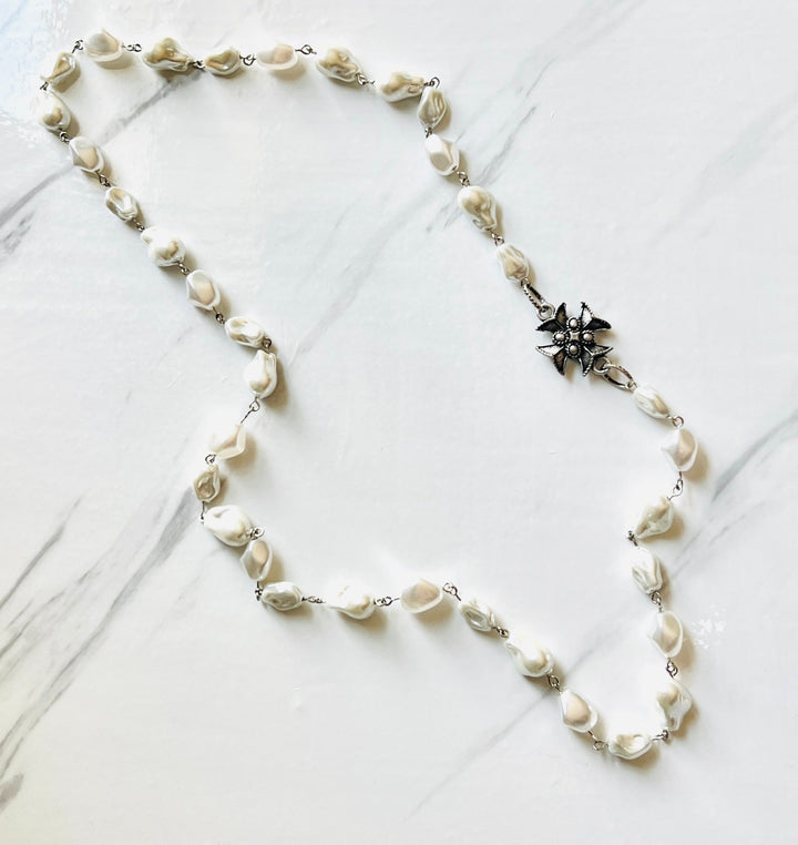 Aged Silver or Matte Gold Templar Cross Pearl Chain Necklace