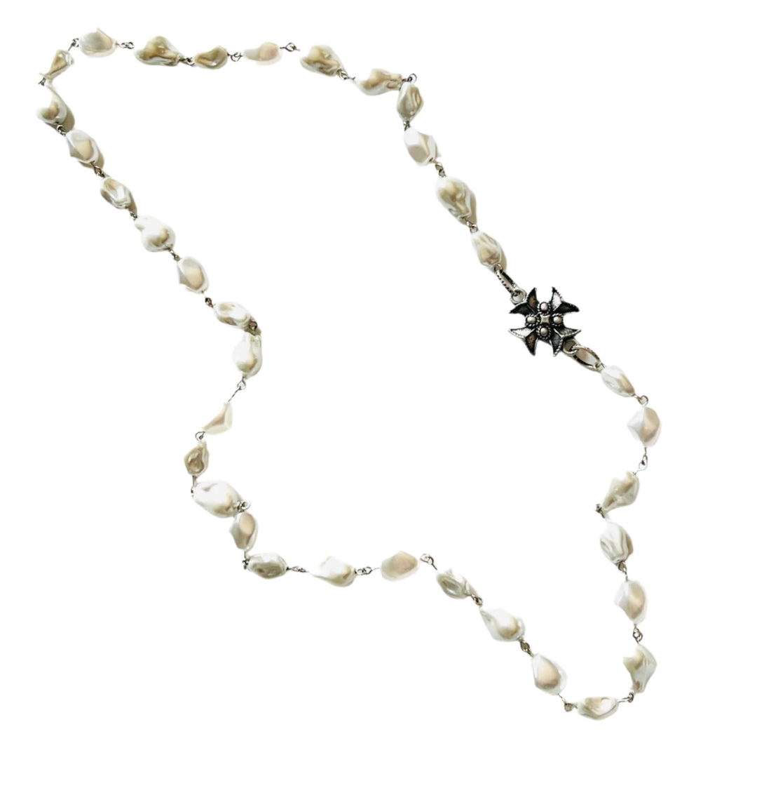 Aged Silver or Matte Gold Templar Cross Pearl Chain Necklace