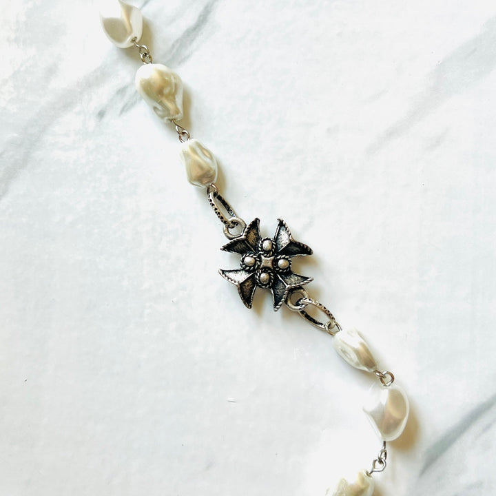 Aged Silver or Matte Gold Templar Cross Pearl Chain Necklace