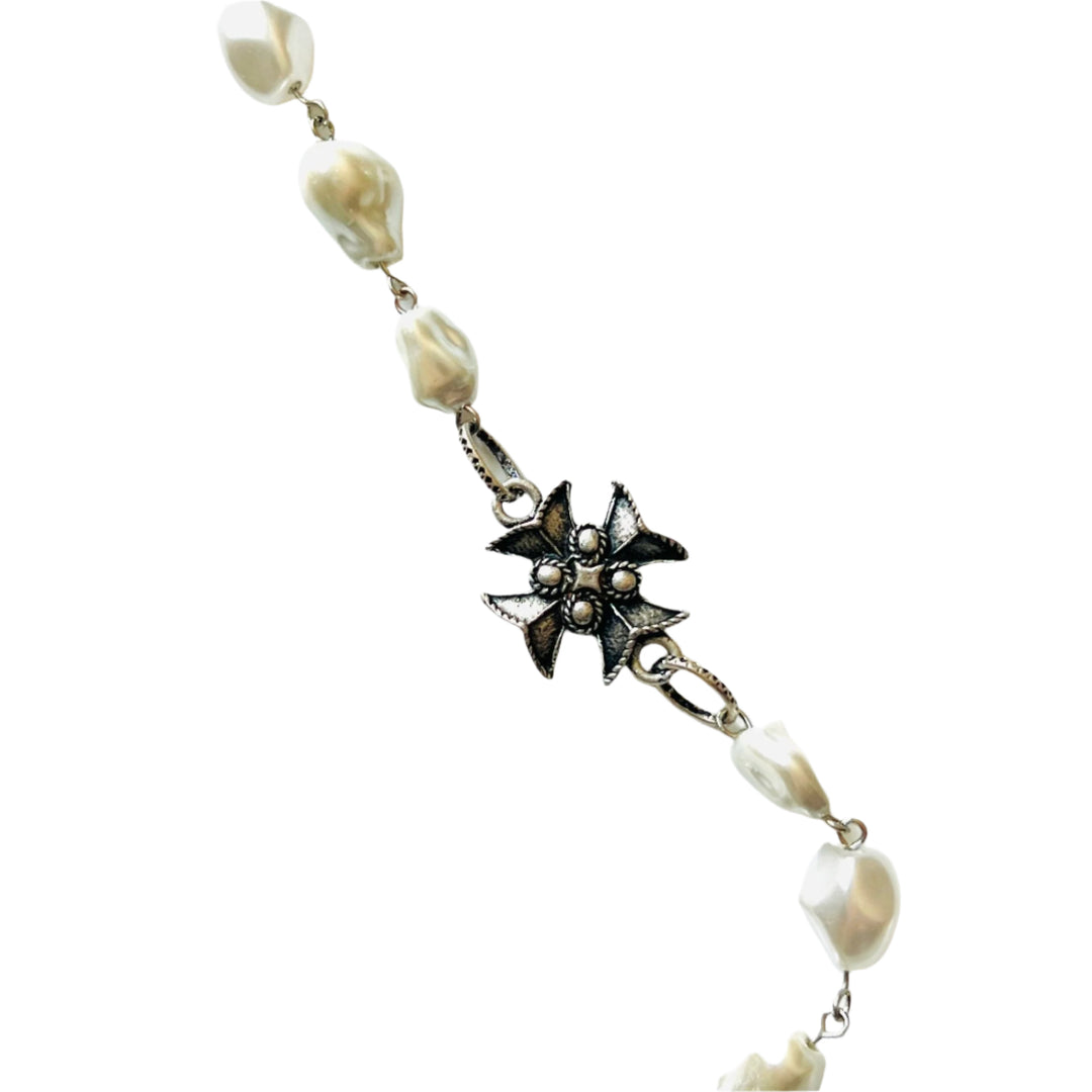 Aged Silver or Matte Gold Templar Cross Pearl Chain Necklace