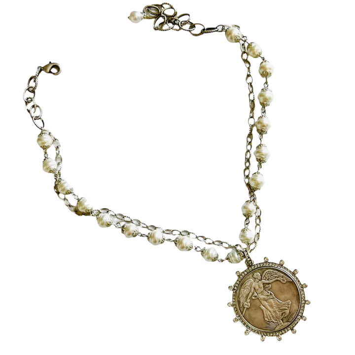 Silver and Pearl Winged Victoria Coin Pendant Necklace