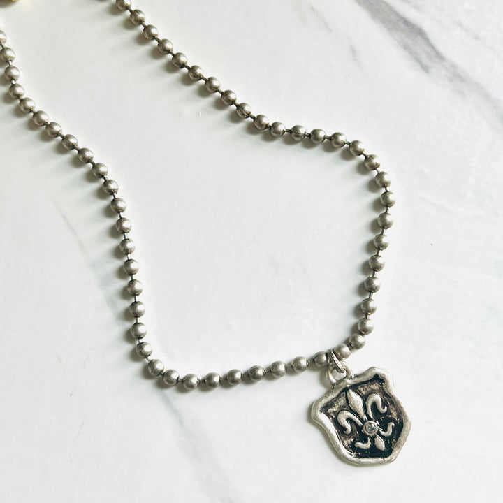 Aged Silver Fleur de Lis and Ball Chain Necklace