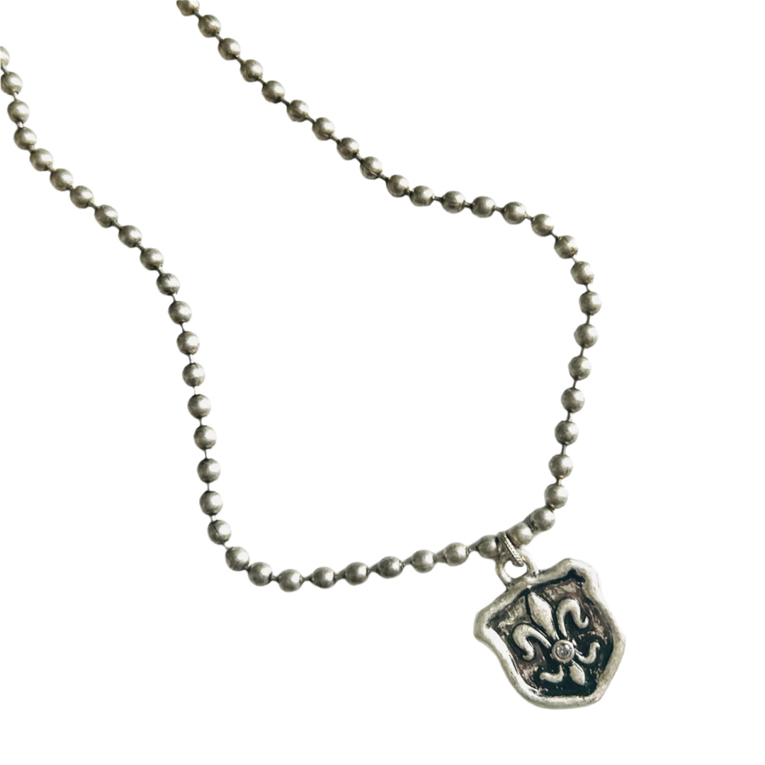 Aged Silver Fleur de Lis and Ball Chain Necklace