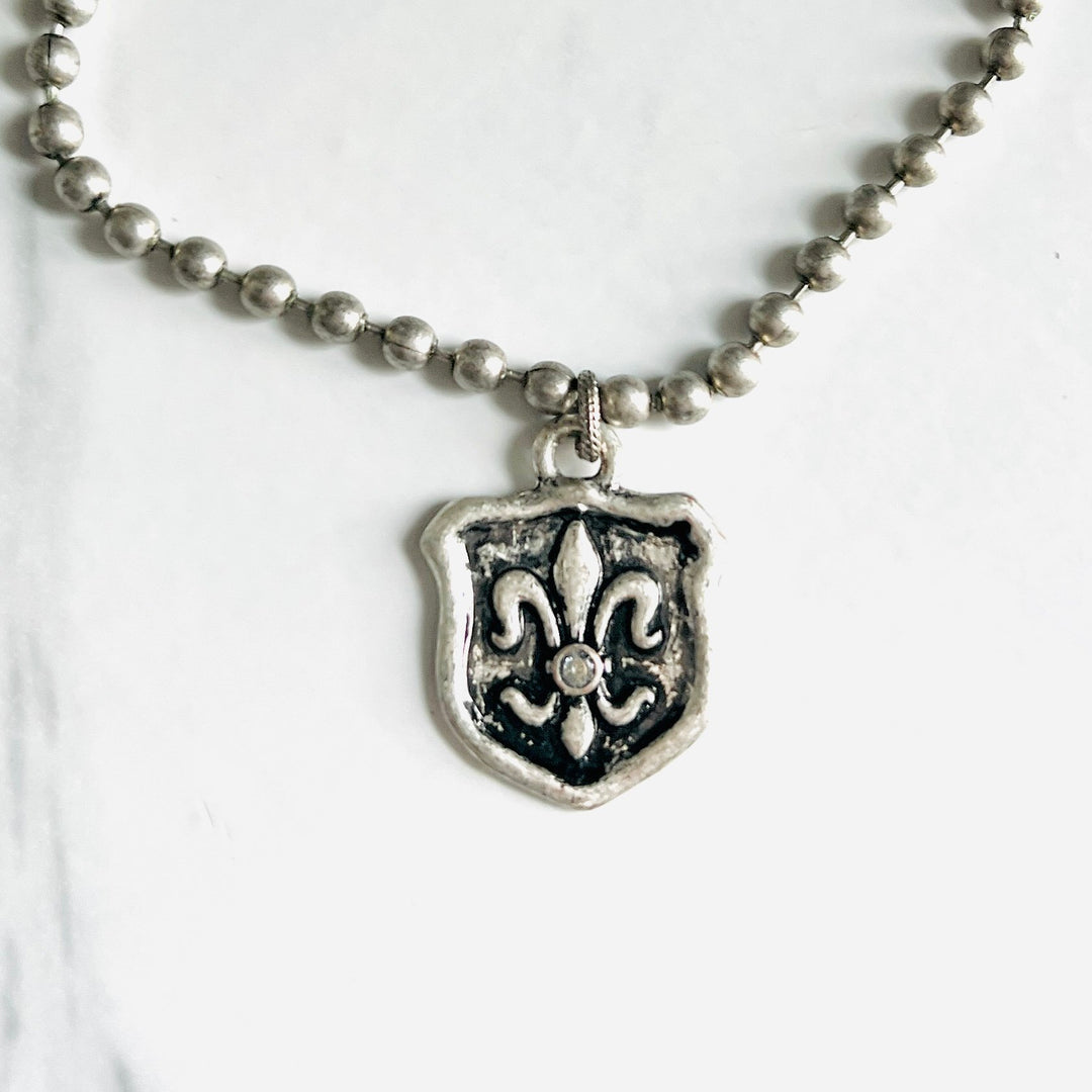 Aged Silver Fleur de Lis and Ball Chain Necklace
