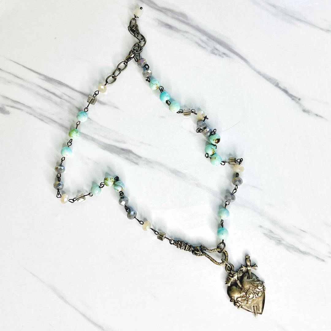 Blue Agate and Crystal Beaded Ex-Voto Heart Necklace