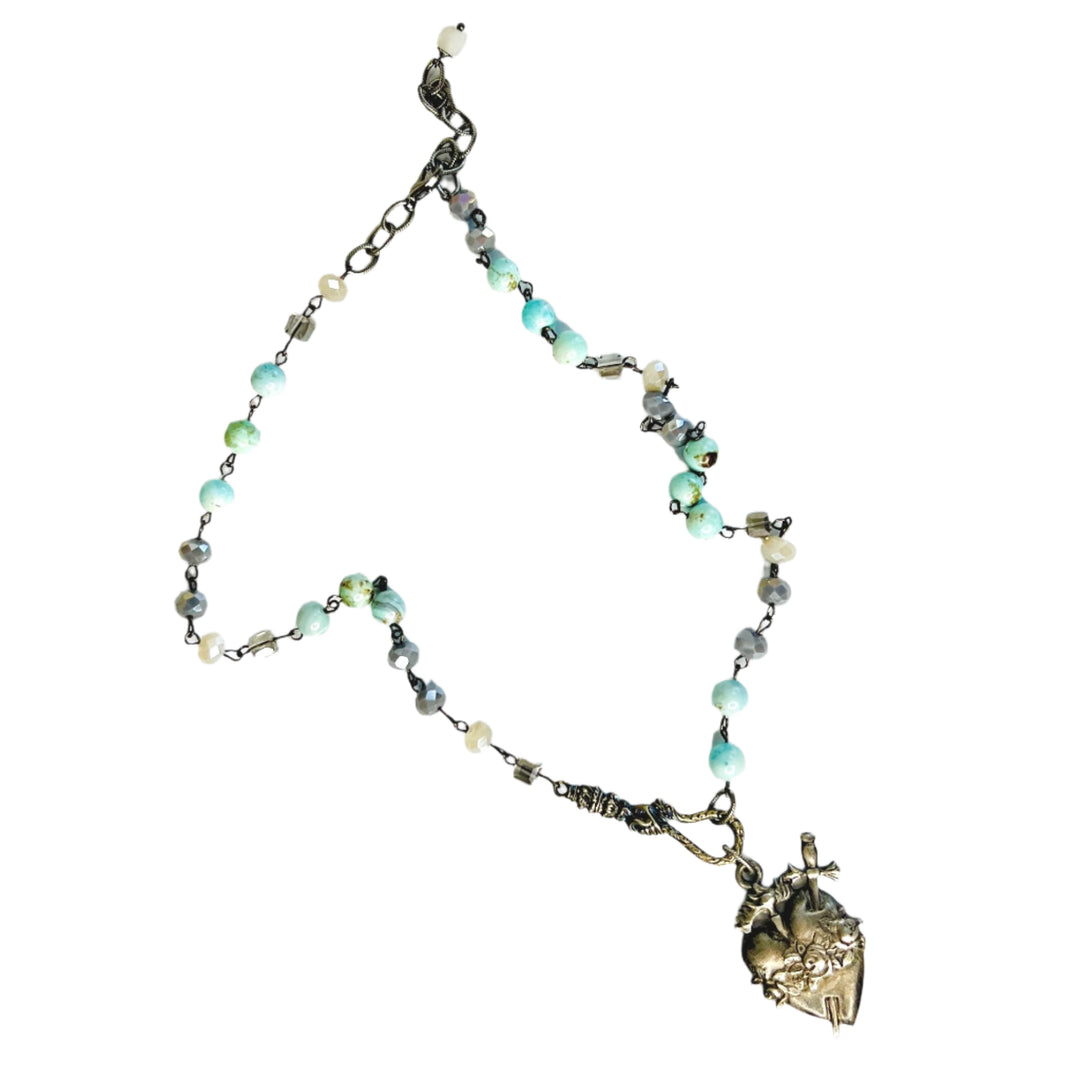 Blue Agate and Crystal Beaded Ex-Voto Heart Necklace