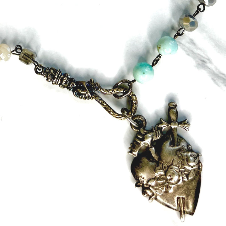 Blue Agate and Crystal Beaded Ex-Voto Heart Necklace
