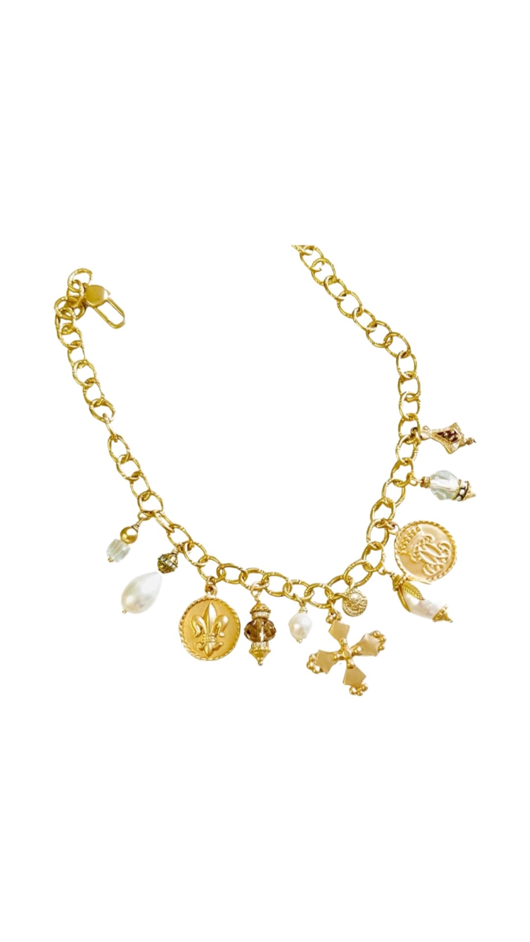 Chinon Pearl and Swarovski Crystal Gold Charm Necklace