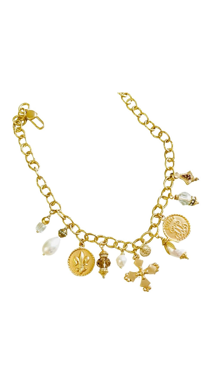 Chinon Pearl and Swarovski Crystal Gold Charm Necklace