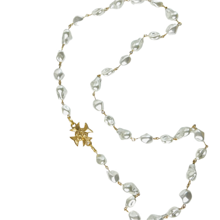 Aged Silver or Matte Gold Templar Cross Pearl Chain Necklace