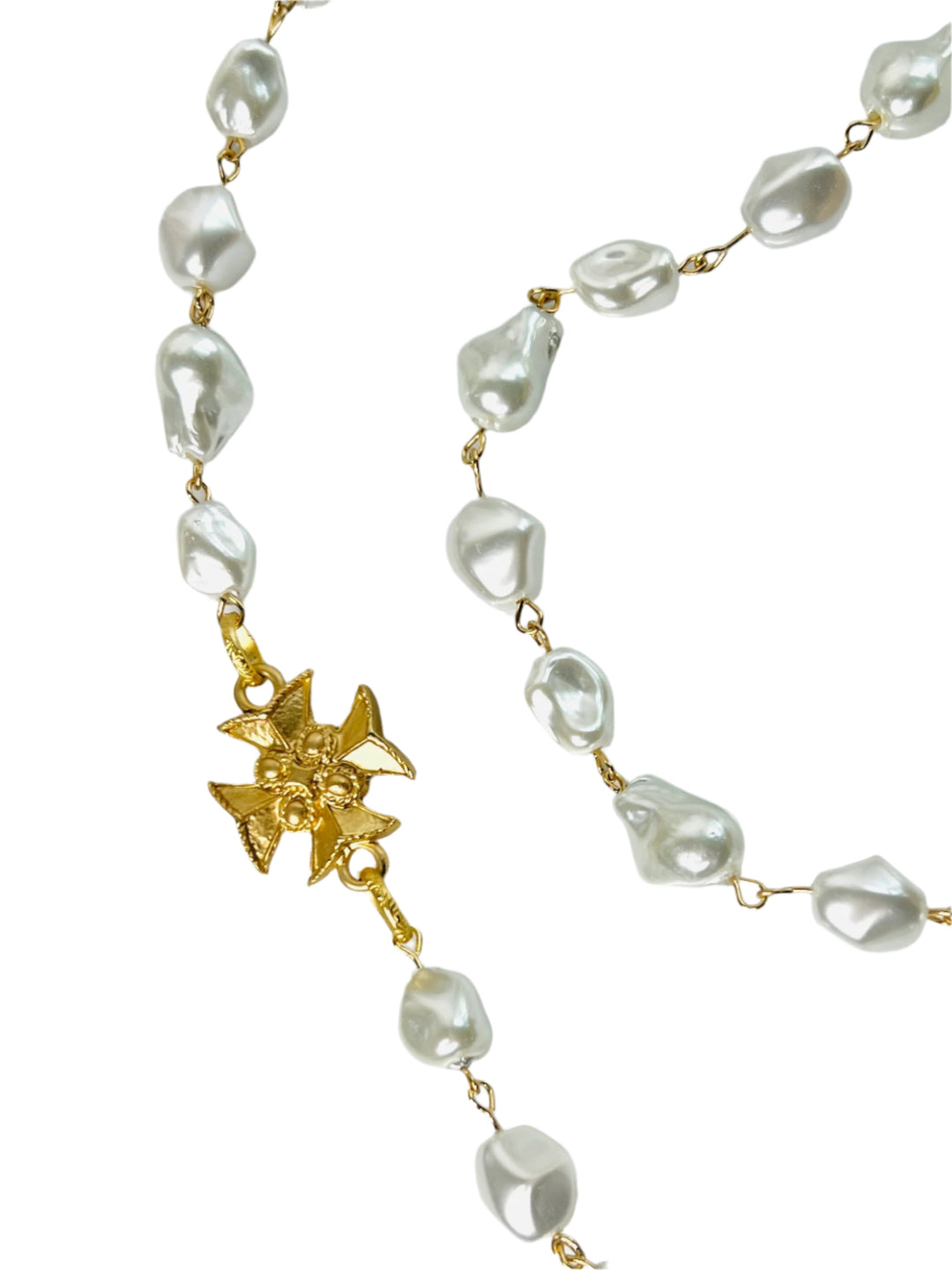 Aged Silver or Matte Gold Templar Cross Pearl Chain Necklace