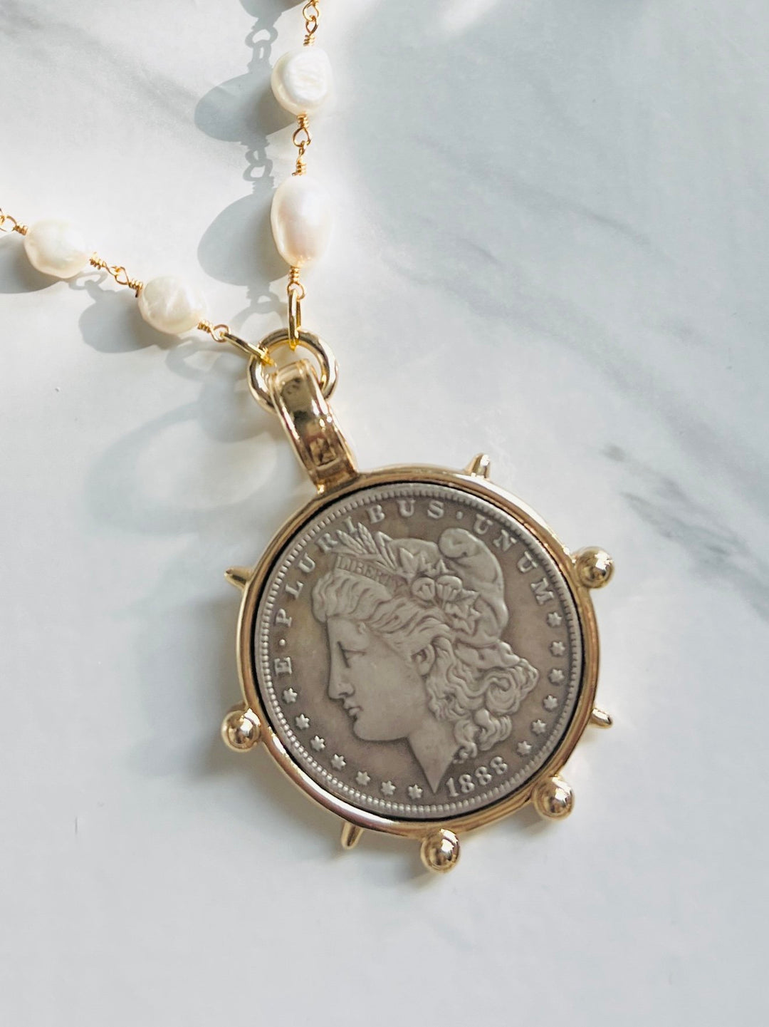 Large Silver Coin Pendant and Fresh Water Pearl Necklace
