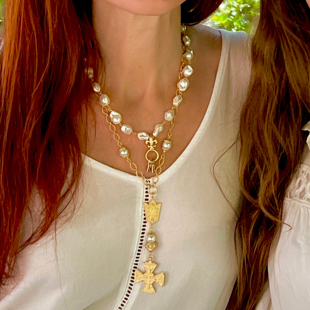 La Croix Gold and Pearl French Cross Necklace