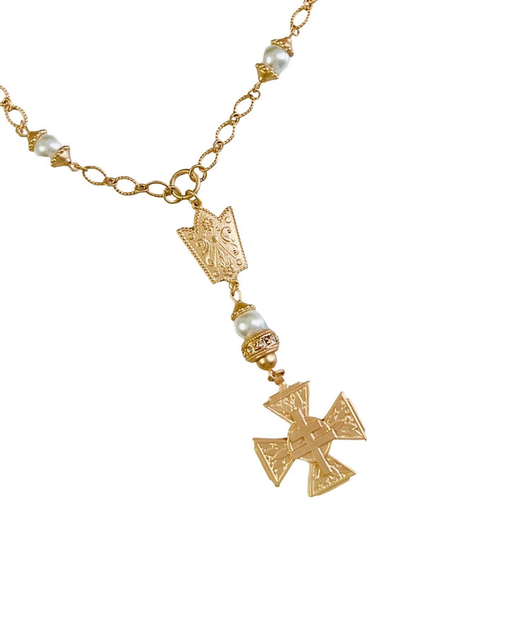 La Croix Gold and Pearl French Cross Necklace