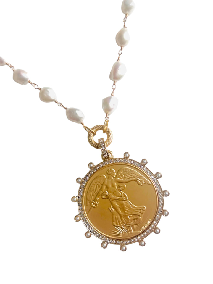 Winged Victoria Gold and Freshwater Pearl Coin Necklace