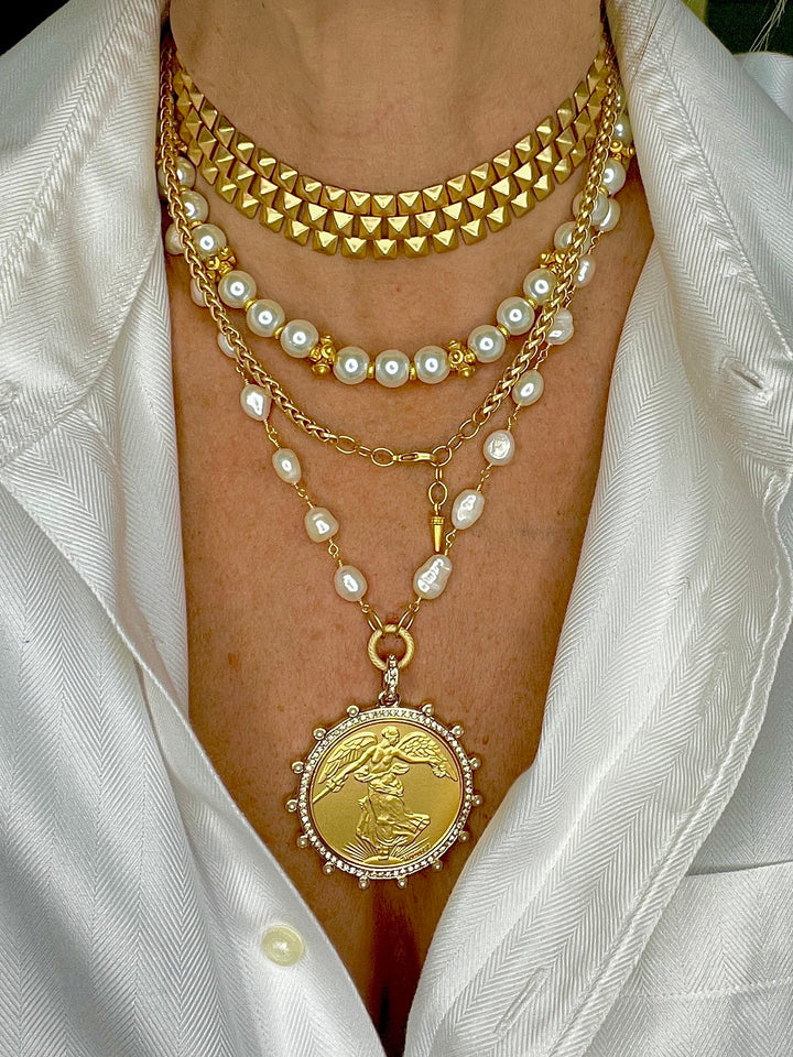 Winged Victoria Gold and Freshwater Pearl Coin Necklace