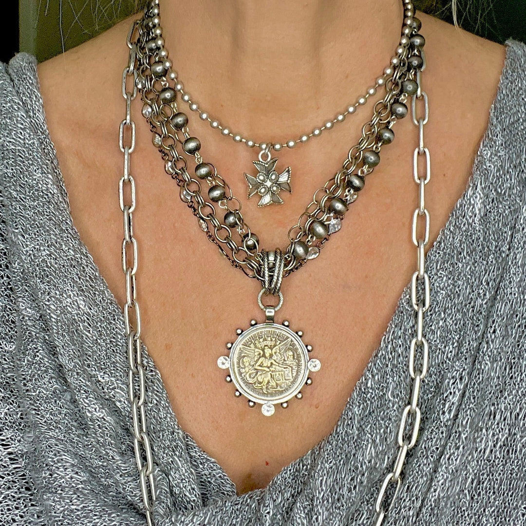Alamo Angel Four Strand Chain and Ombre Silver Beaded Necklace