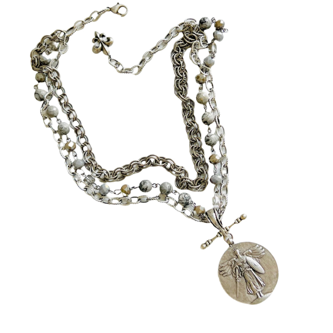 Victory Angel Three Strand Silver Coin Pendant Necklace