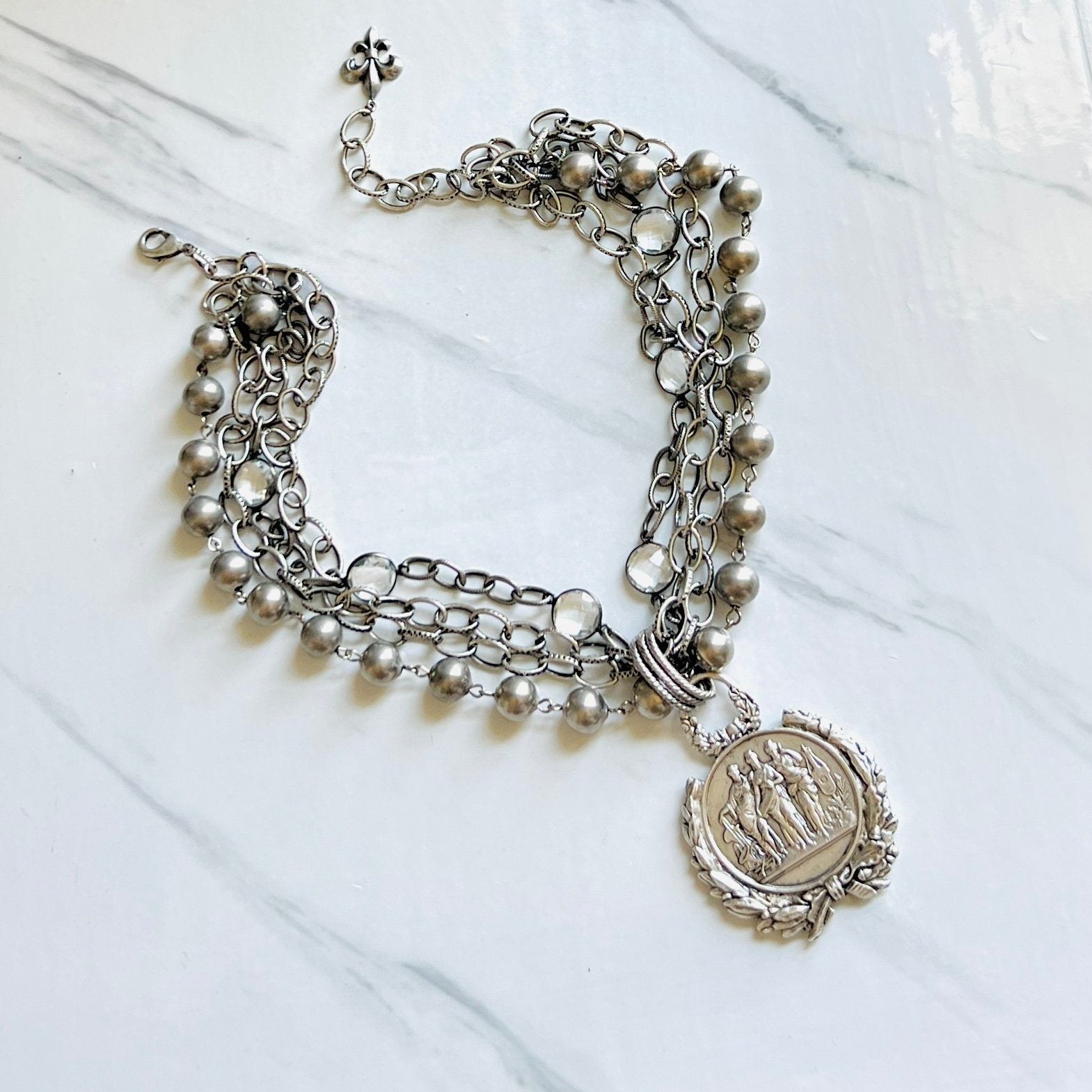 Three Graces Muti Strand Silver Coin Pendant Necklace