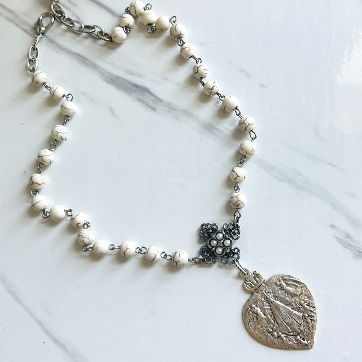 Our Lady Of Lujan Silver and White Howlite Pendant Necklace