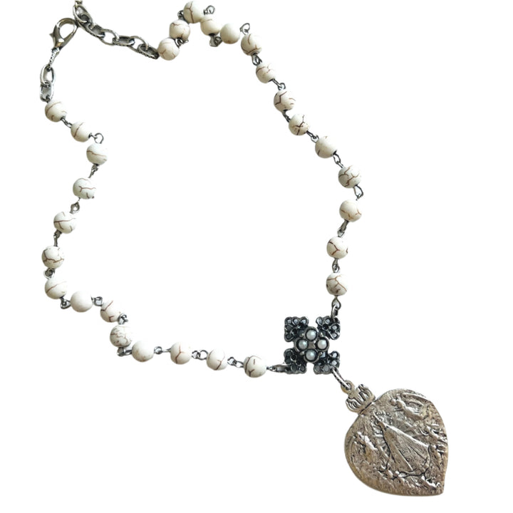 Our Lady Of Lujan Silver and White Howlite Pendant Necklace