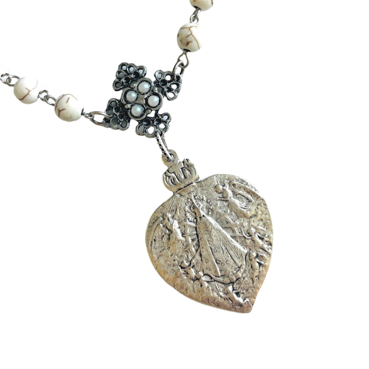 Our Lady Of Lujan Silver and White Howlite Pendant Necklace