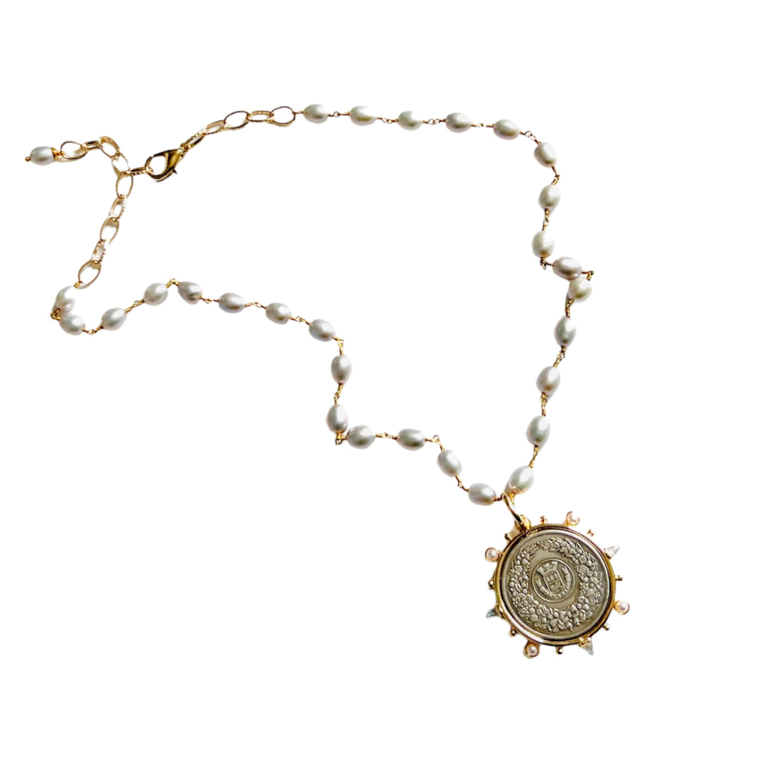 French Crest Coin with Silver Freshwater Pearl Chain