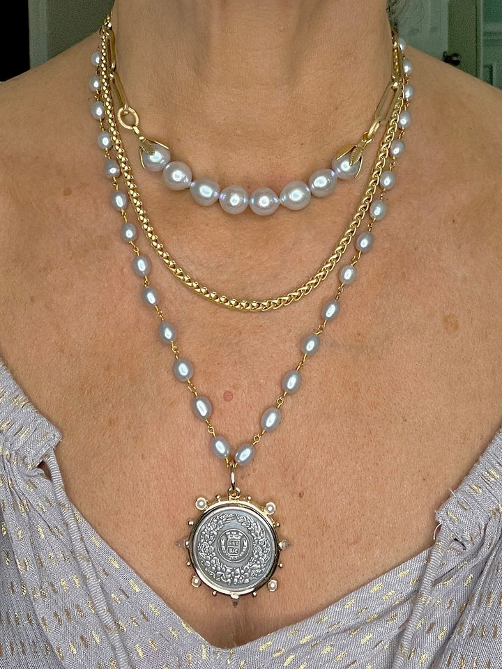 French Crest Coin with Silver Freshwater Pearl Chain