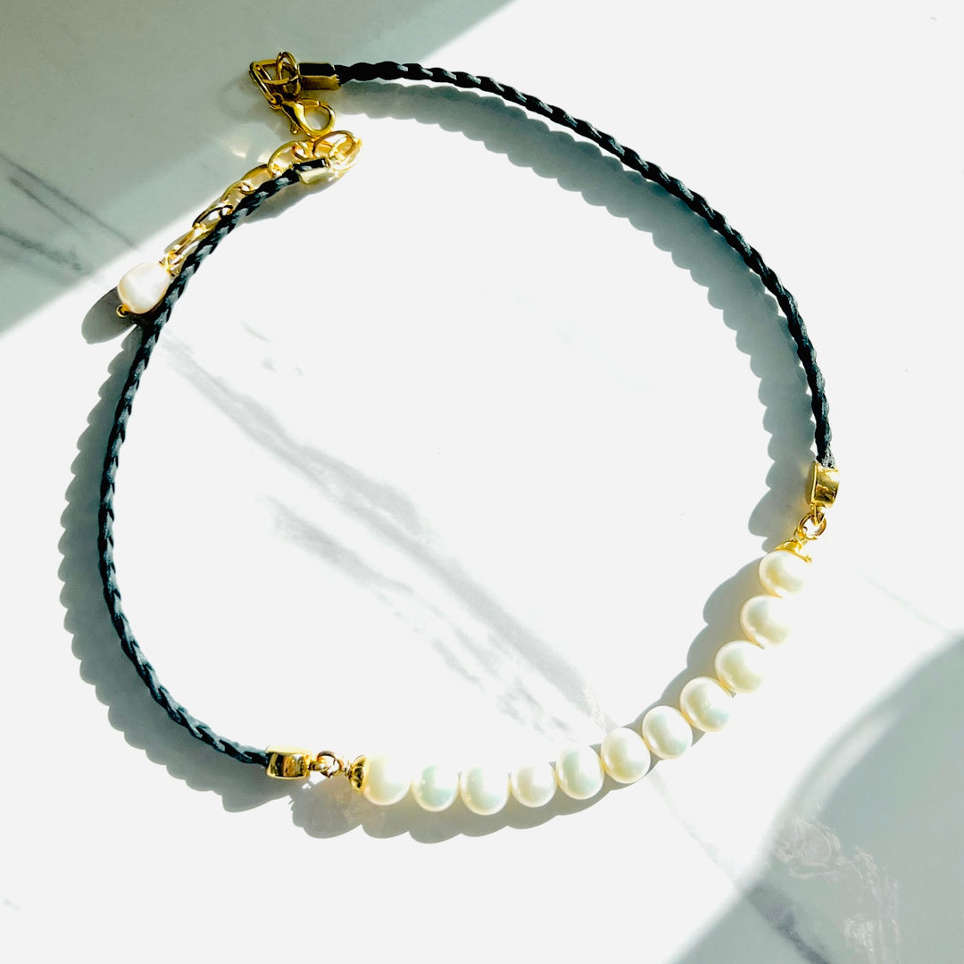 Cali Braided Leather and Freshwater Pearl Choker Necklace