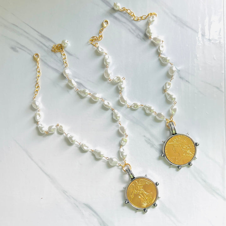 Large French Coin and Pearl Necklace