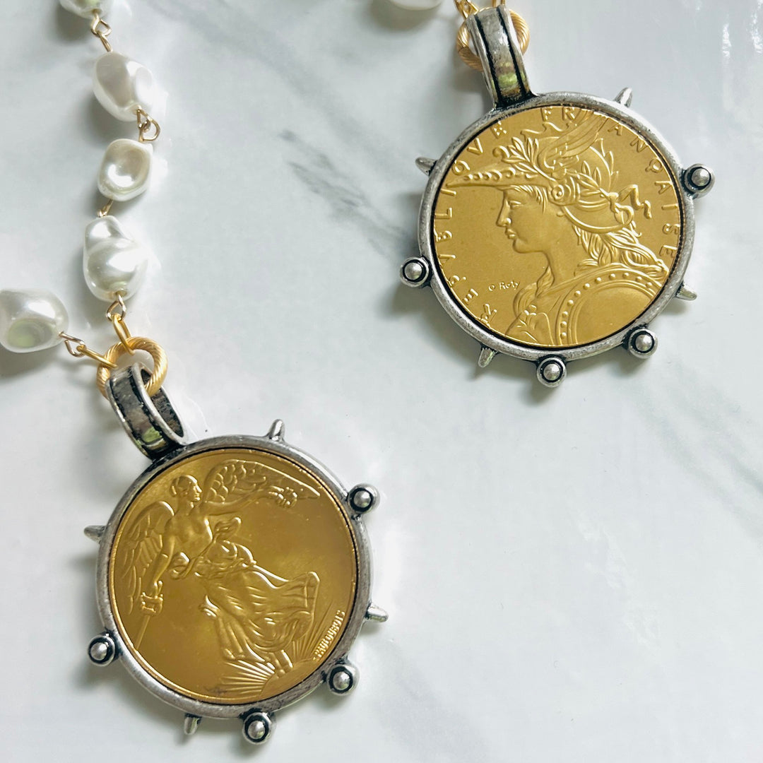 Large French Coin and Pearl Necklace