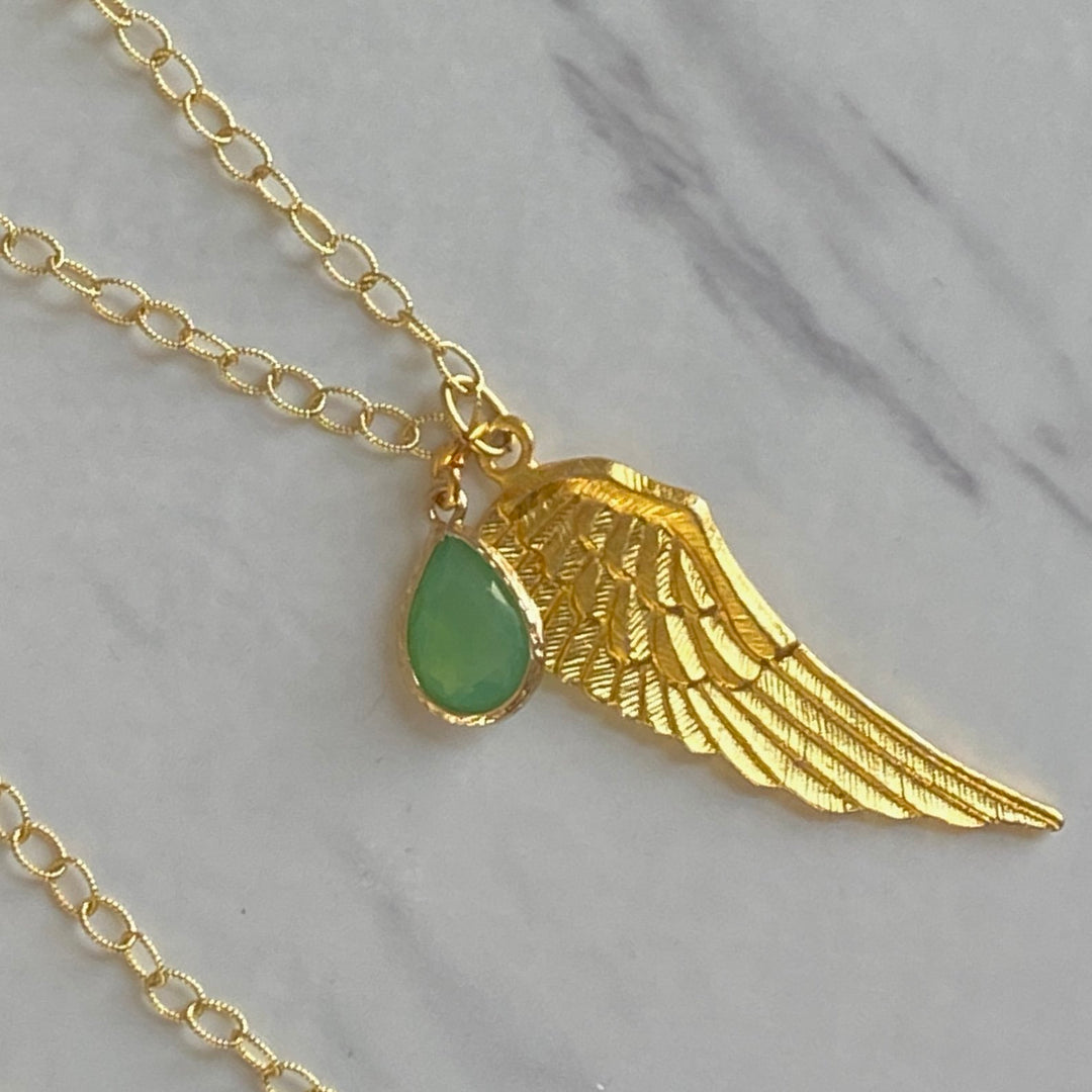 Gold Angels Wing and Green Opal Pendant Necklace