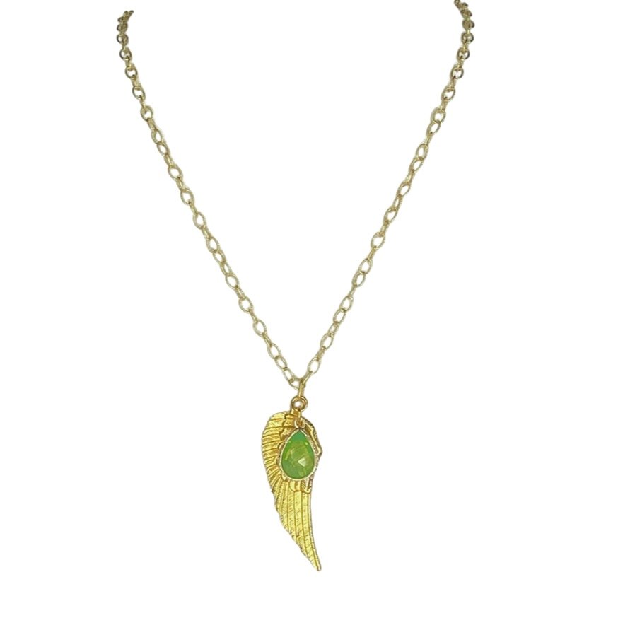 Gold Angels Wing and Green Opal Pendant Necklace