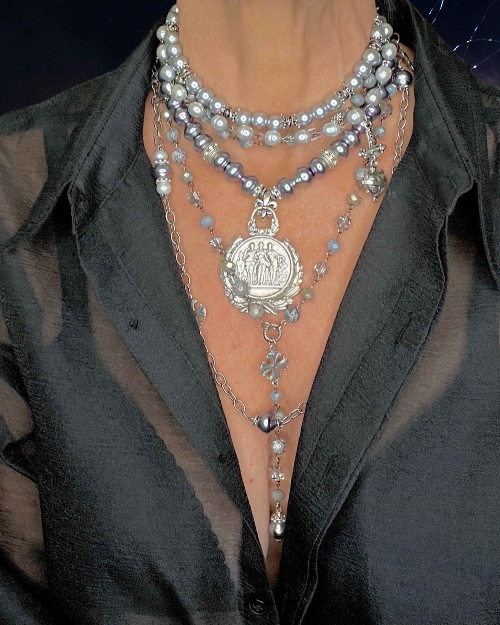 Auxois Silver and Lavender Pearl French Coin Necklace Three Piece