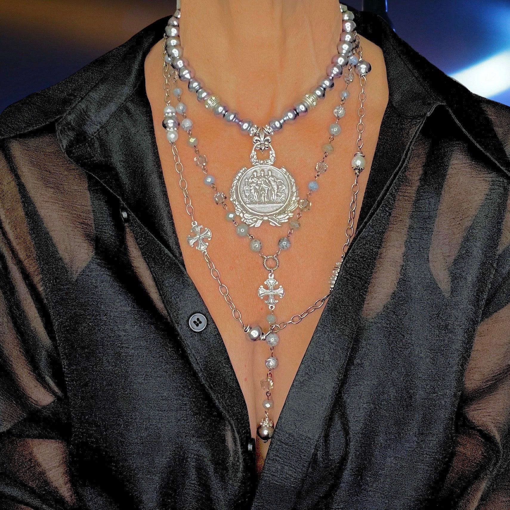 Auxois Silver and Lavender Pearl French Coin Necklace Three Piece
