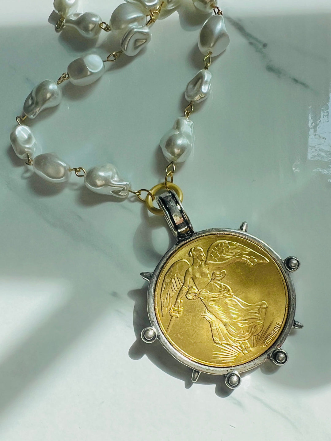 Large French Coin and Pearl Necklace