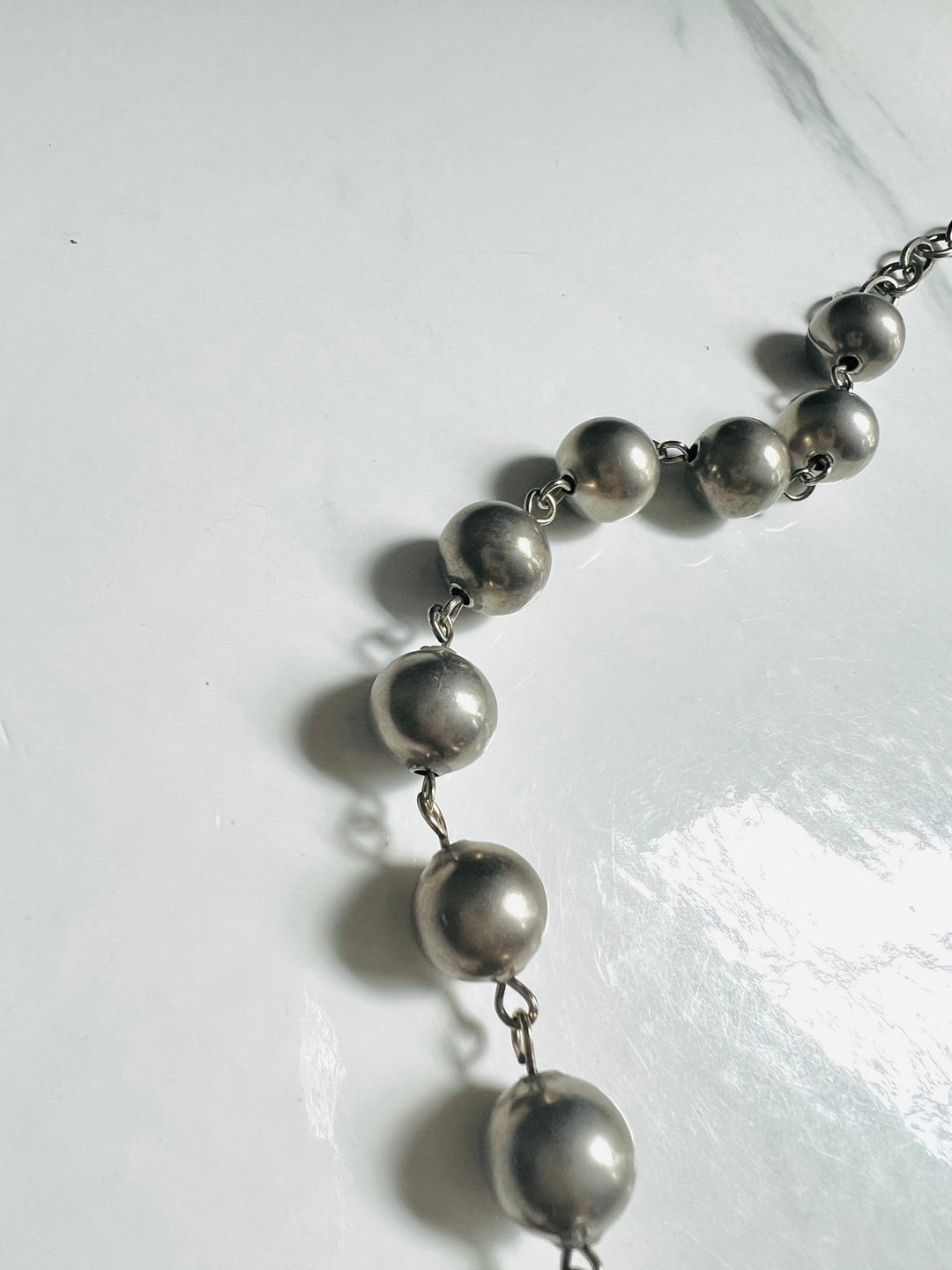 Large Antique Silver Beaded Ball Chain Necklace