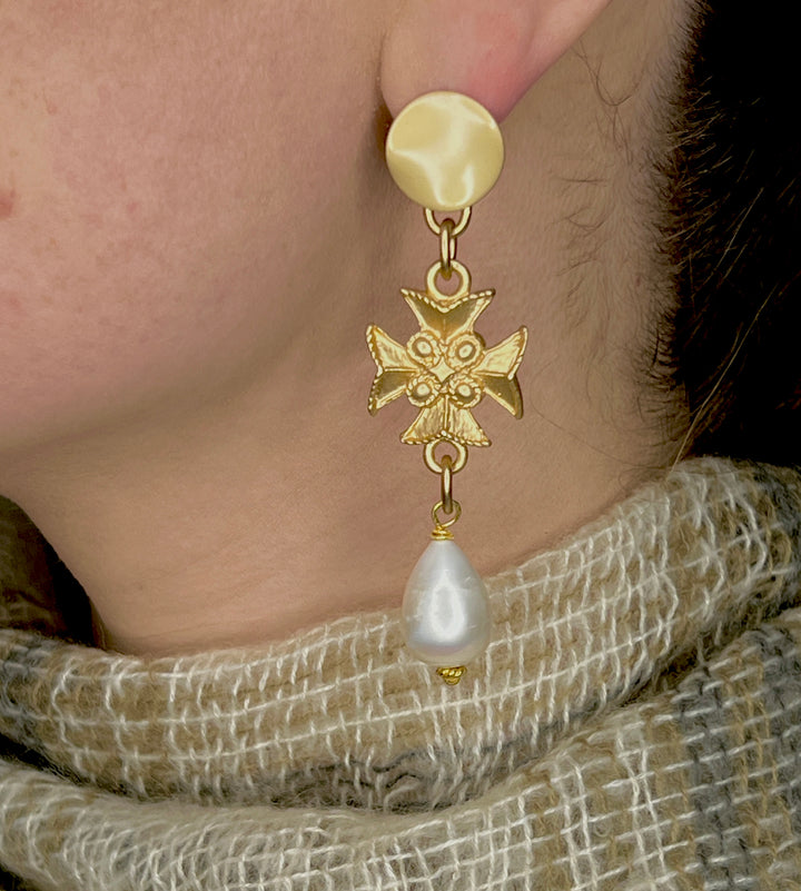 Baroque Pearl and Templar Cross Earrings