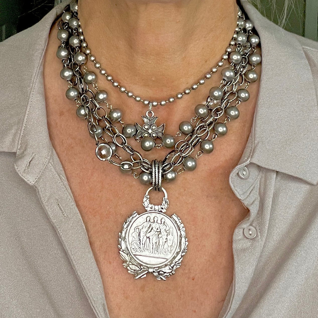 Large Antique Silver Beaded Ball Chain Necklace