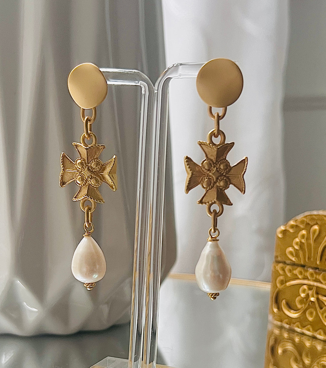 Baroque Pearl and Templar Cross Earrings