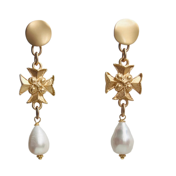 Baroque Pearl and Templar Cross Earrings