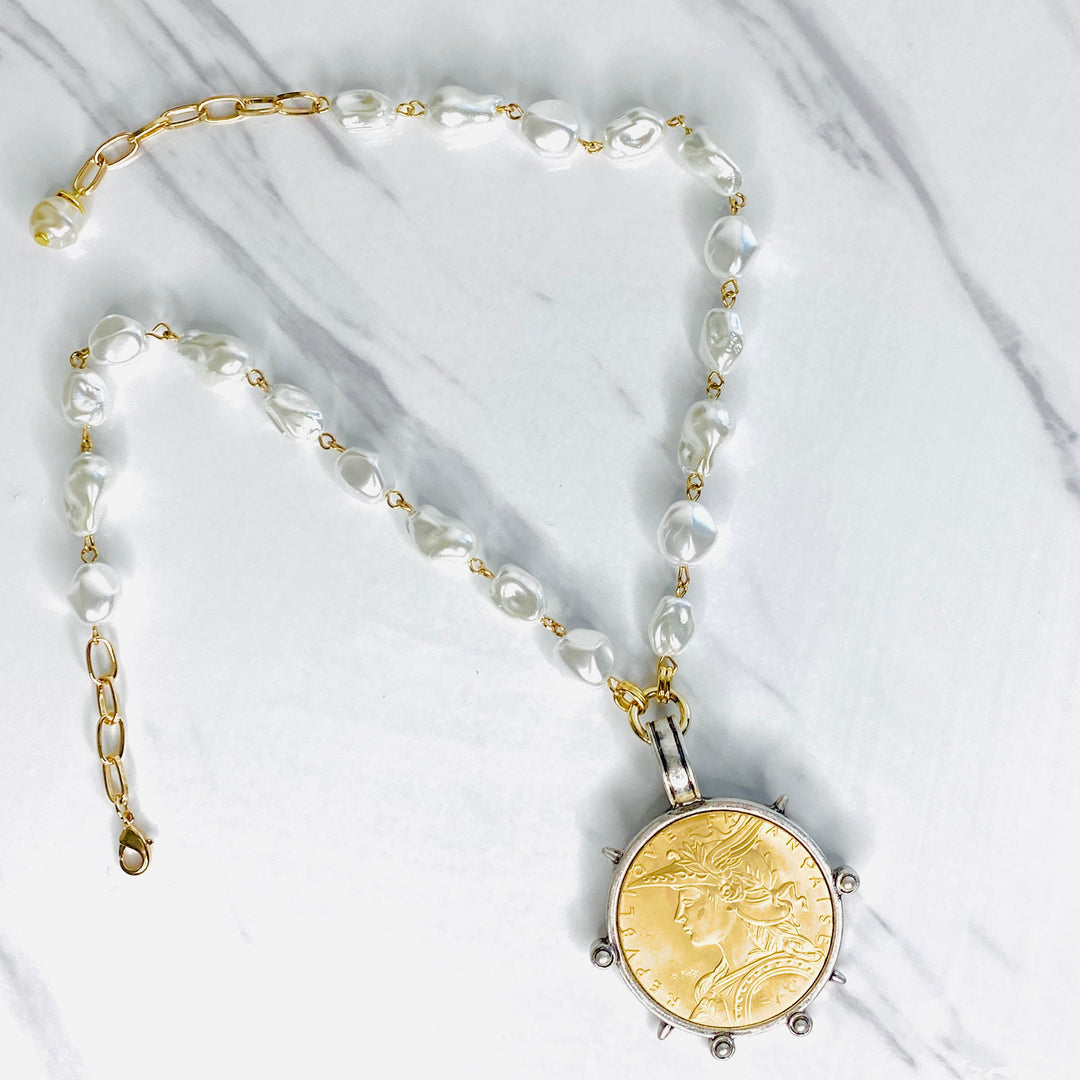 Large French Coin and Pearl Necklace