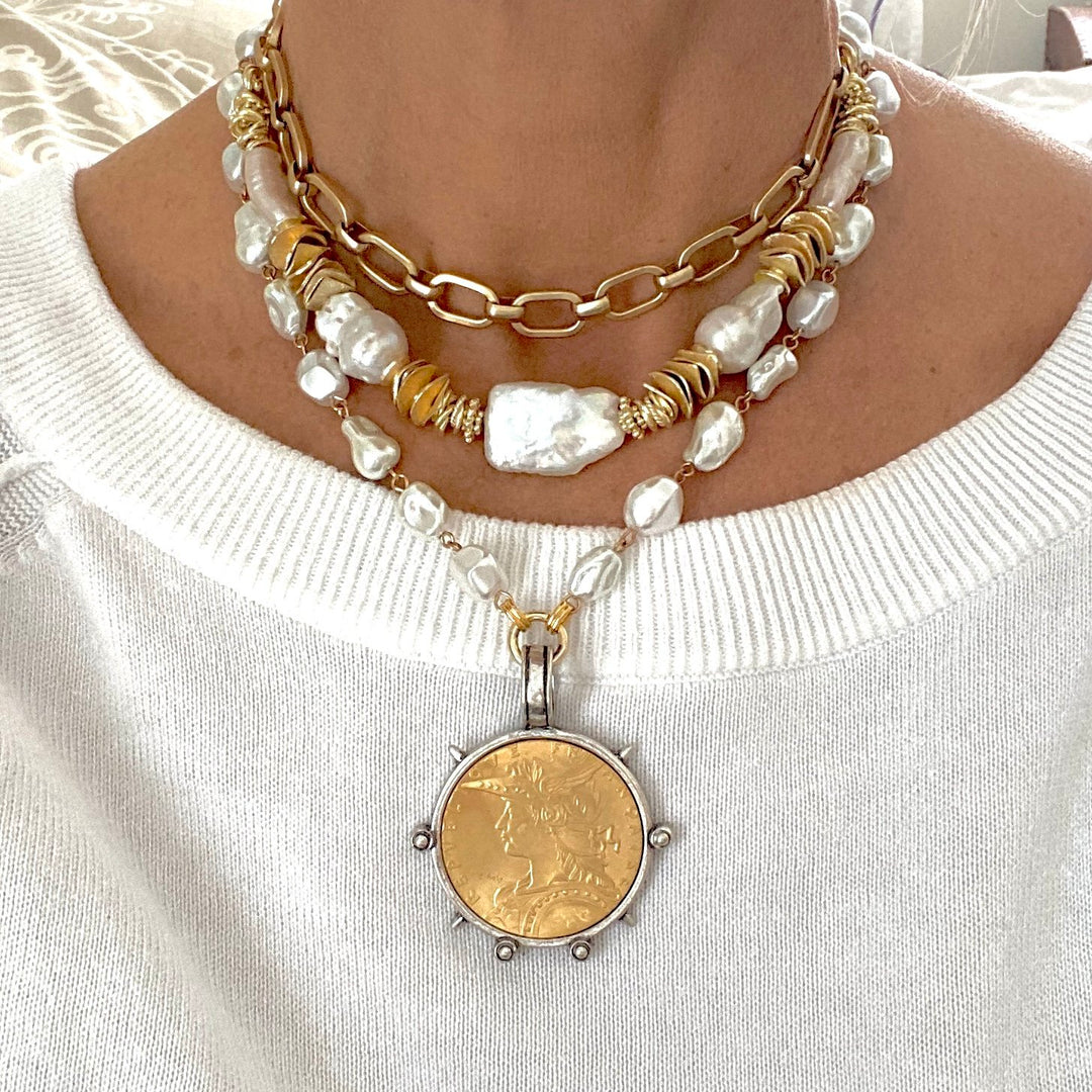 Large French Coin and Pearl Necklace