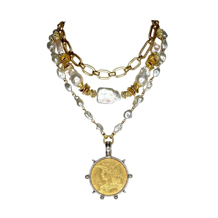 Large French Coin and Pearl Necklace